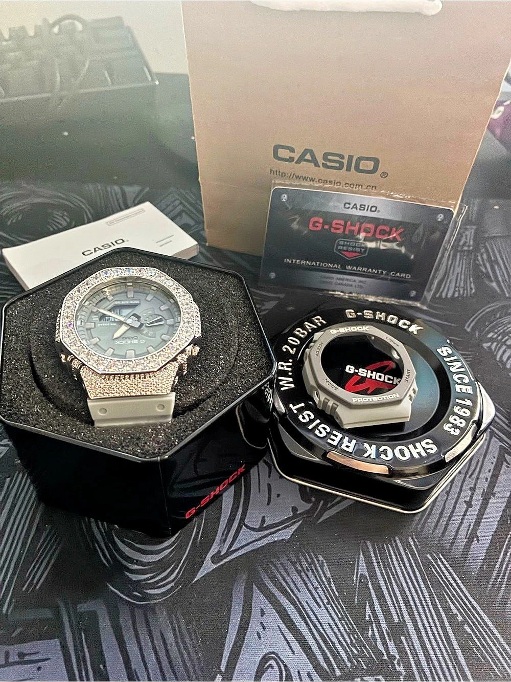 Casio G-Shock GA-2100 Custom Iced-Out Mod GA-2100 Crystal Bezel Watch Silver &